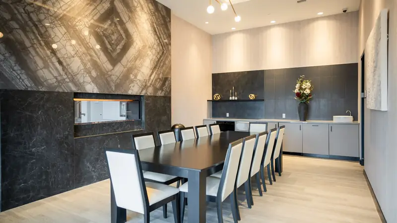 Party room with a long dining table