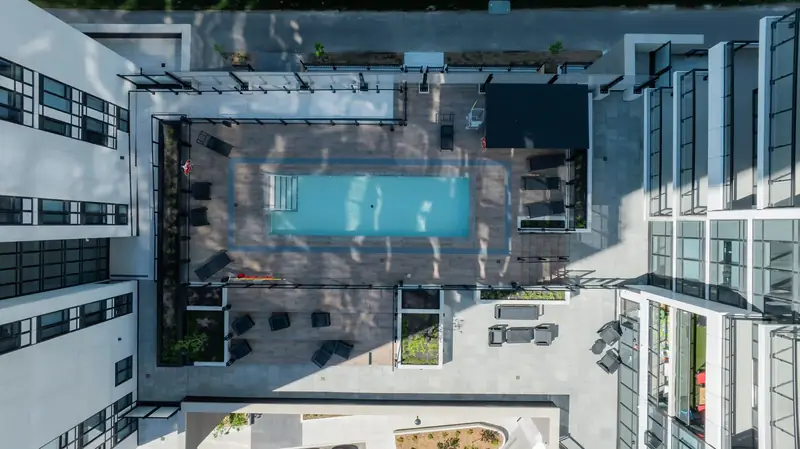 Overhead view of the pool deck between the towers